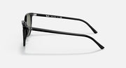 Sunglasses side view with black frame and dark green lens, curved temple arm.