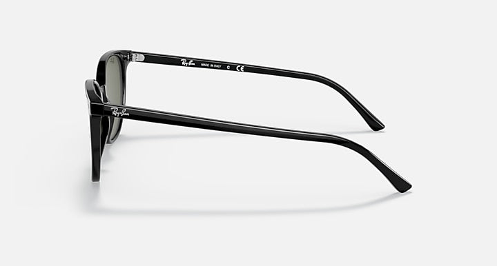 Sunglasses side view with black frame and dark green lens, curved temple arm.