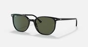 Sunglasses with black frame and dark green lenses, full-rim cat-eye shape.