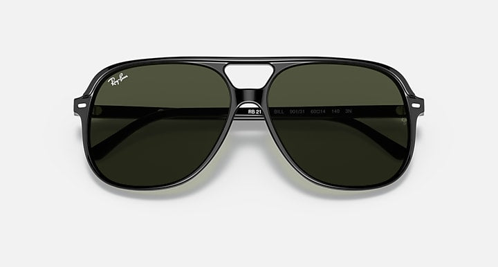 Ray-Ban Bill sunglasses with dark green mirrored lenses and black frame.