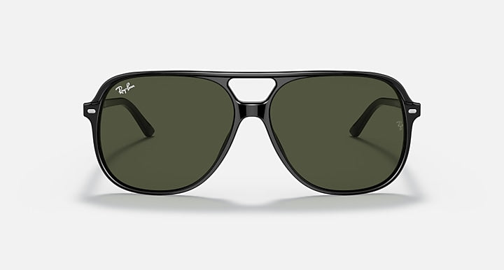 Ray-Ban Bill sunglasses with dark green lens tint and black frame, straight-on view.
