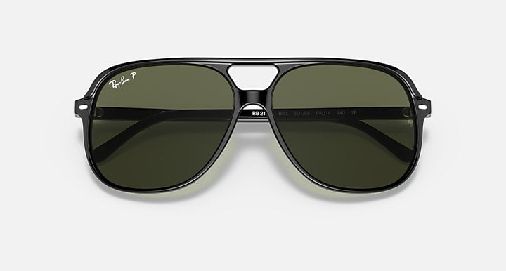 Ray-Ban Bill sunglasses with dark green mirrored lenses and black frame, straight-on.