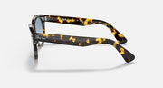 Ray-Ban Orion sunglasses, yellow havana frame, side view with blue-tinted lenses