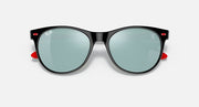 Black cat-eye sunglasses with light green mirrored lenses and red accents on hinges