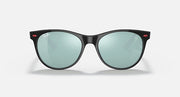 Black cat-eye sunglasses with light green mirrored lenses and red accents at temples