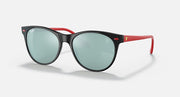 Ray-Ban RB2202M sunglasses with black frame and light green mirrored lenses, red temples