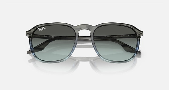 Ray-Ban RB2203 sunglasses with dark green lenses, black frame, top-front angle