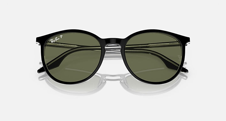 Ray-Ban sunglasses with olive-green tinted lenses and black top bar frame
