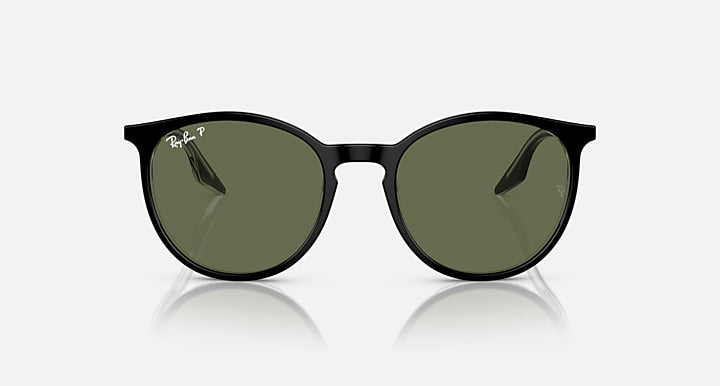Ray-Ban round sunglasses with black frames and olive-green tinted lenses, front view