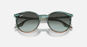 Ray-Ban green sunglasses with round dark lenses and clear metal frame, front view.
