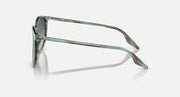 Ray-Ban green sunglasses with dark lenses and metal hinge detail, side angle view.