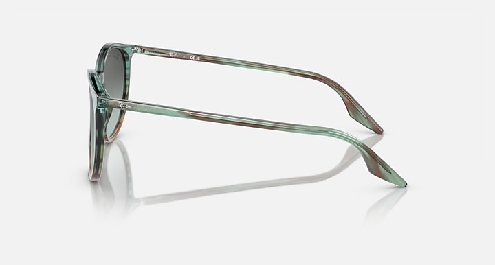 Ray-Ban green sunglasses with dark lenses and metal hinge detail, side angle view.