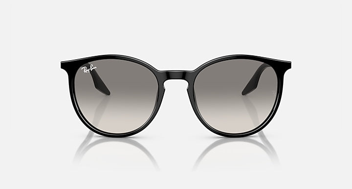 Black round sunglasses with dark gray mirrored lenses, front view