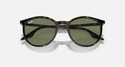 Ray-Ban round sunglasses with dark green lenses and tortoise-pattern frame, front view
