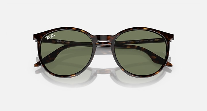 Ray-Ban round sunglasses with dark green lenses and tortoise-pattern frame, front view