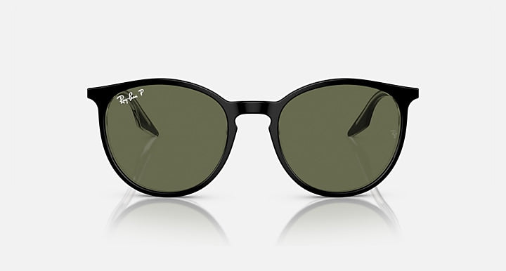 Ray-Ban round sunglasses with dark green lenses and black frame, front view