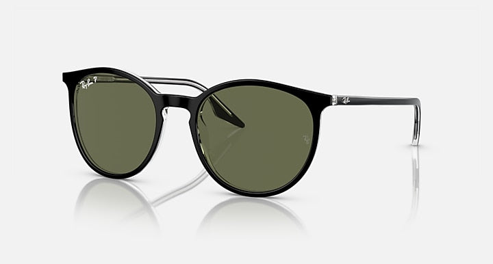 Ray-Ban round sunglasses with dark green lenses and black frame, metal temple arms