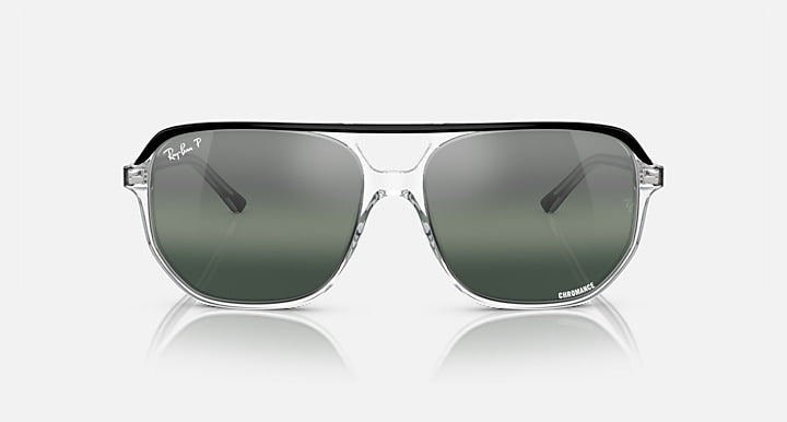 Ray-Ban Bill One RB2205 sunglasses, front view; dark green tinted lenses, clear frame
