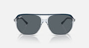Ray-Ban Bill One RB2205 sunglasses, front view with transparent frame, blue accents, dark gray lenses.