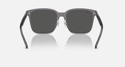 Sunglasses with dark gray lenses and gray-transparent frame, angled front view