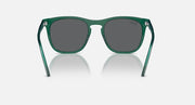 Green wayfarer-style sunglasses with dark gray lenses and clear side tips, front view