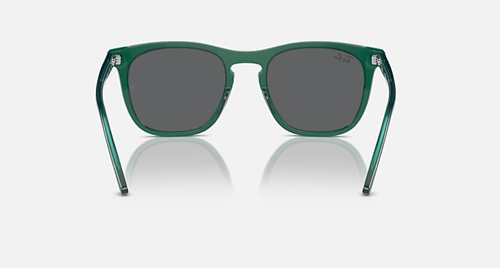 Green wayfarer-style sunglasses with dark gray lenses and clear side tips, front view