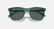 Green Ray-Ban wayfarer-style sunglasses with dark gray lenses and clear temple tips