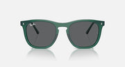 Green wayfarer-style sunglasses with dark gray lenses and squared front, full-rim frame
