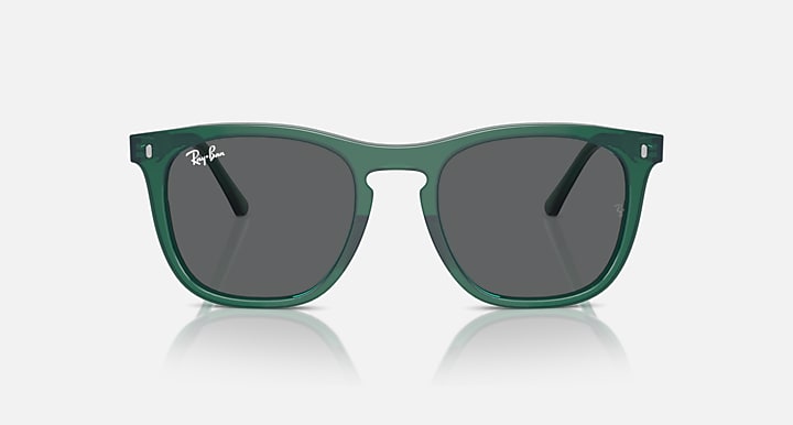 Green wayfarer-style sunglasses with dark gray lenses and squared front, full-rim frame