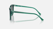 Green sunglasses with transparent-look arms and dark lenses, side profile with logo