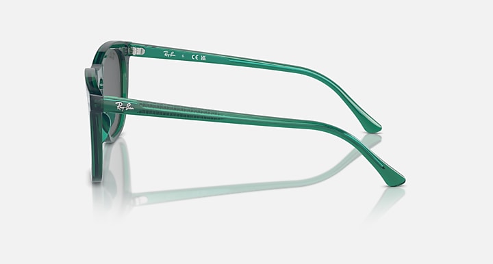 Green sunglasses with transparent-look arms and dark lenses, side profile with logo