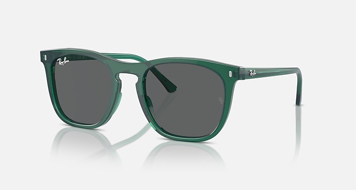 Green wayfarer-style sunglasses with dark gray lenses, full-rim frames, and logo arms