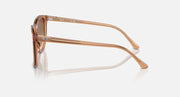 Transparent brown sunglasses with clear gradient lenses and logo on temple, side view