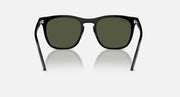 Black sunglasses with dark green lenses and curved bridge detail