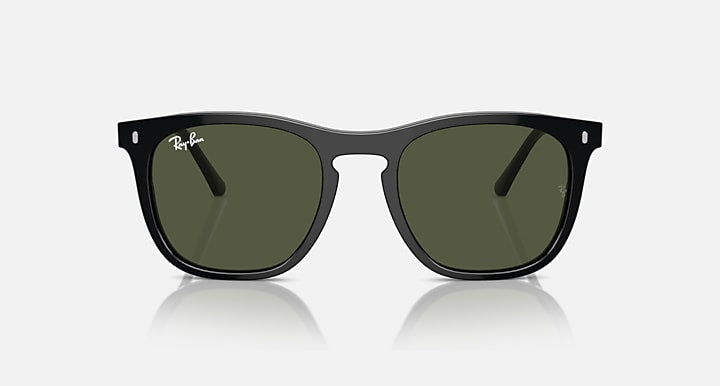 Black sunglasses with dark green lenses, straight brow, and cat-eye corners
