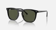Black sunglasses with dark green lenses and angular wayfarer-style frame