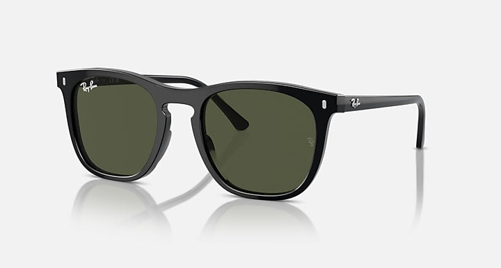 Black sunglasses with dark green lenses and angular wayfarer-style frame