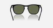 Front view of black sunglasses with dark green lenses and minimal nose gap