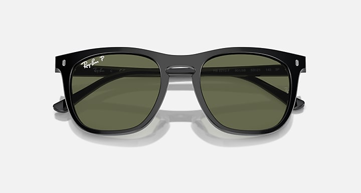 Black sunglasses with dark green lenses and silver center bridge connection