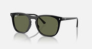 Black sunglasses with dark green lenses and glossy frame with thick front edges