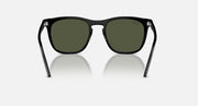 Black sunglasses with dark green lenses, front view showing silver nose bridge and temples