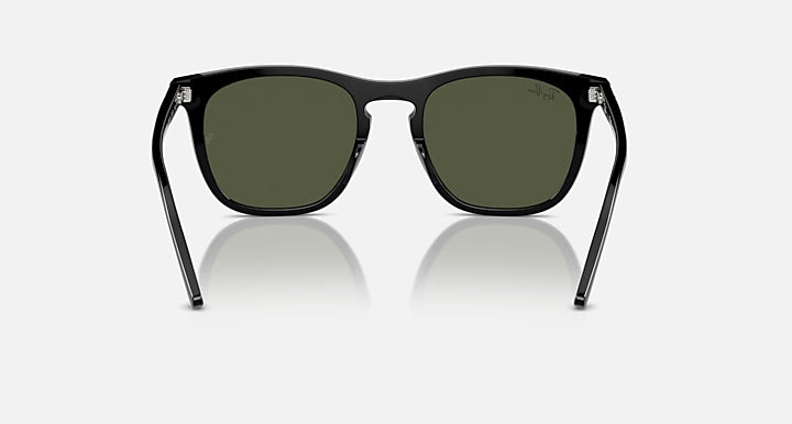 Black sunglasses with dark green lenses, front view showing silver nose bridge and temples