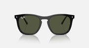 Black sunglasses with dark green lenses, front view slightly angled, thick rectangular frame