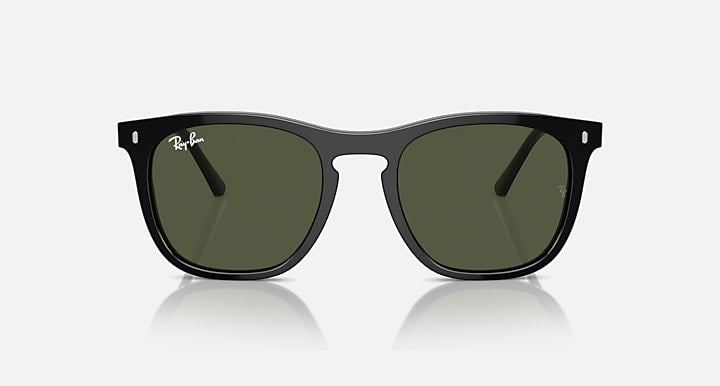 Black sunglasses with dark green lenses, front view slightly angled, thick rectangular frame