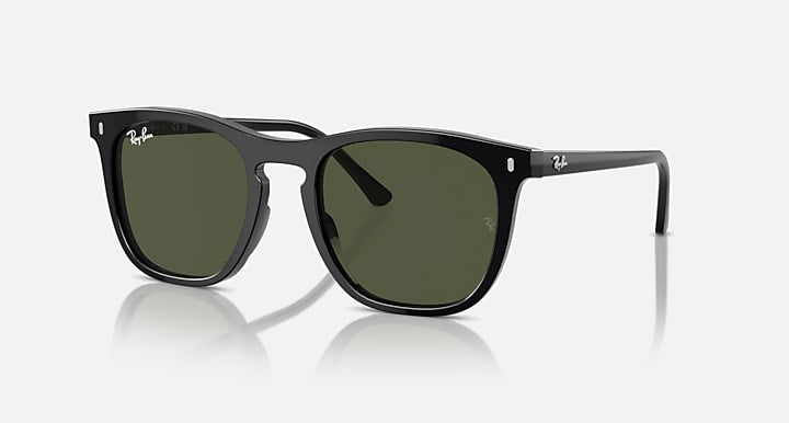 Black sunglasses with dark green lenses, full frame and curved top bar, front view