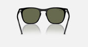 Black sunglasses with dark green lenses, front view with silver bridge and straight temples