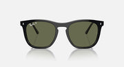 Black sunglasses with dark green lenses, close front view with angled temple arms