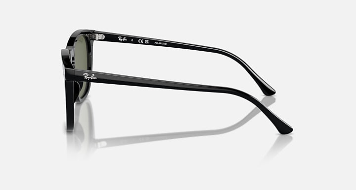 Black sunglasses, angled side profile view with dark green lenses and curved temple tips