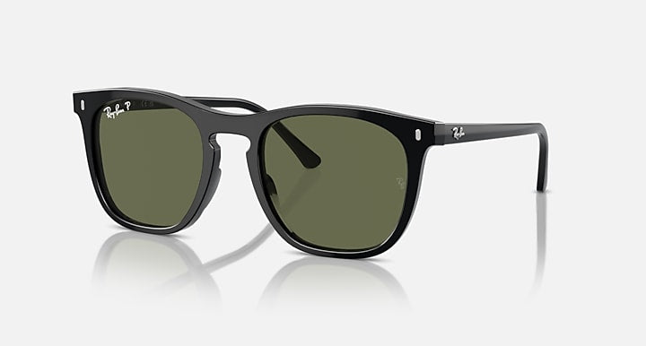 Black sunglasses with dark green lenses, front view with low-profile temples