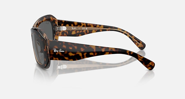 Tortoise brown sunglasses with clear temple arms and dark lenses, side profile view